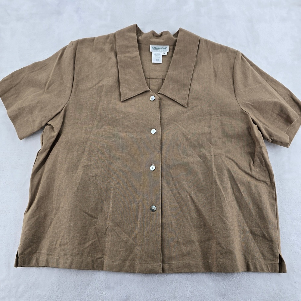 Coldwater Creek Blouse Womens PL Short Sleeve Brown Linen Blend Casual